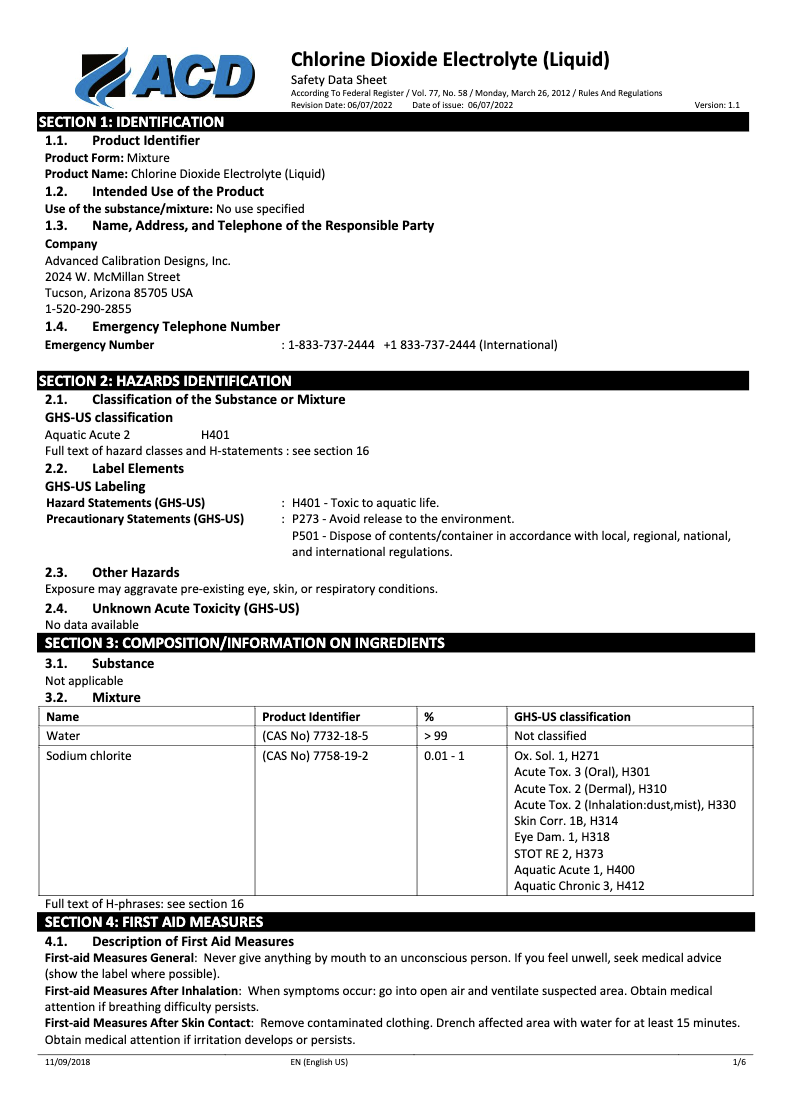 Chlorine Dioxide Electrolyte (Liquid)