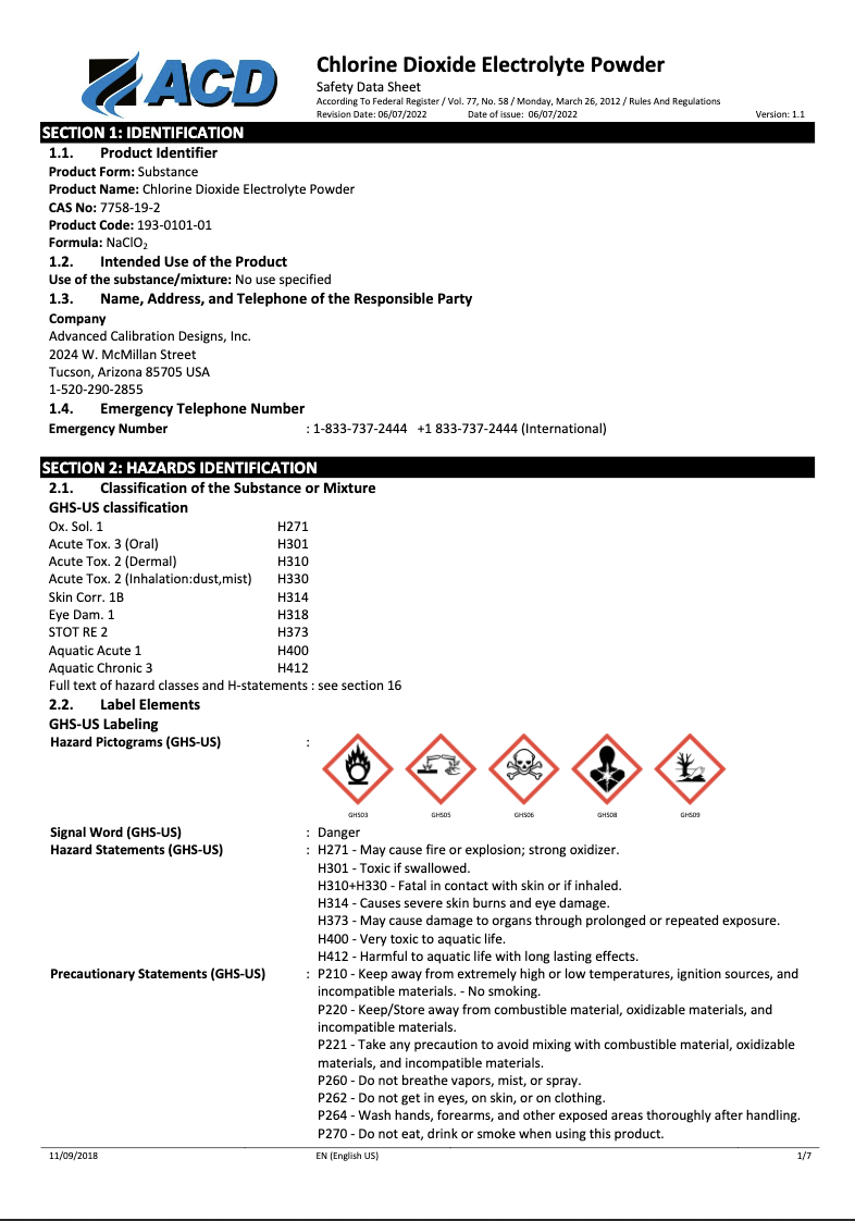 Chlorine Dioxide Electrolyte Powder