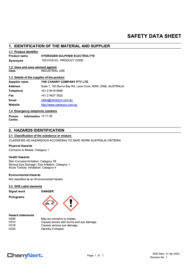 Hydrogen Sulphide Electrolyte