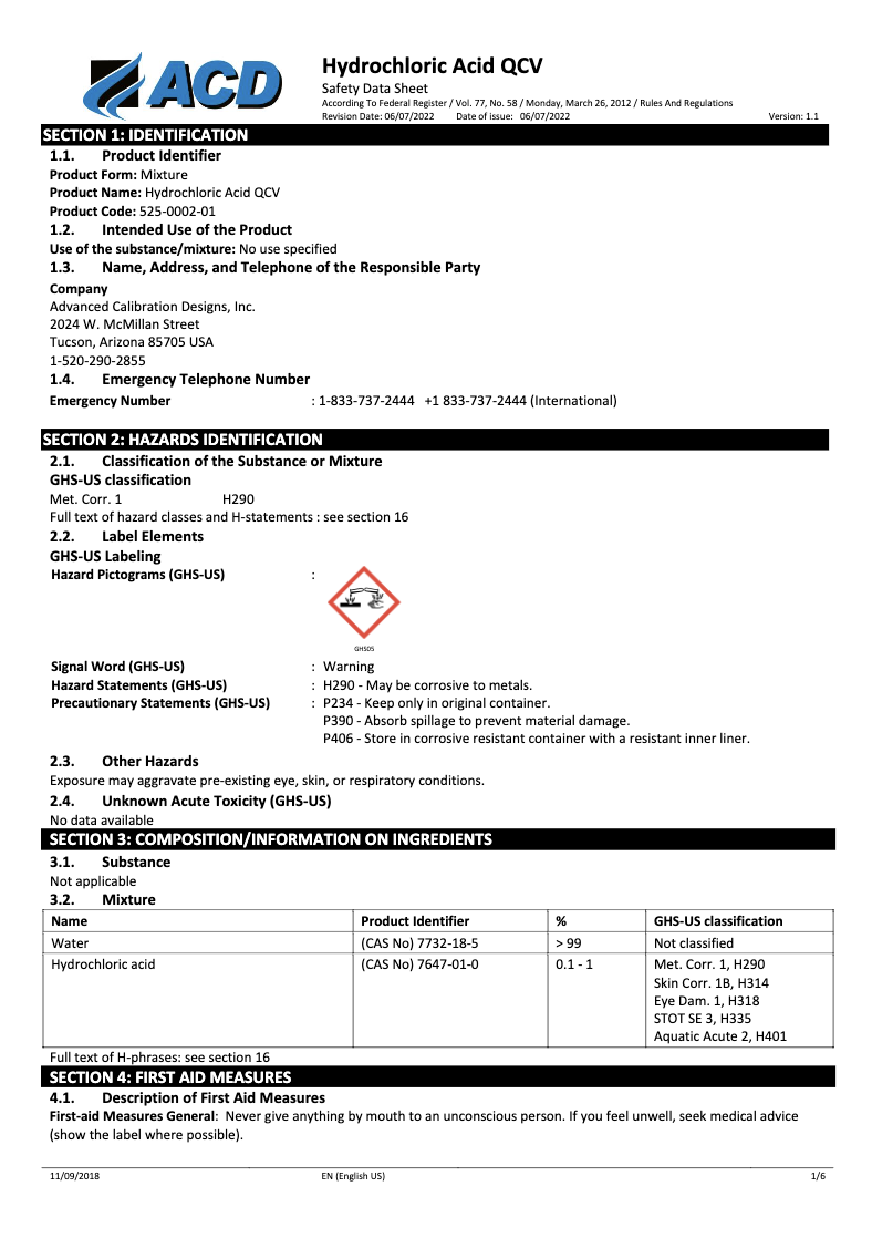 Hydrochloric Acid QCV